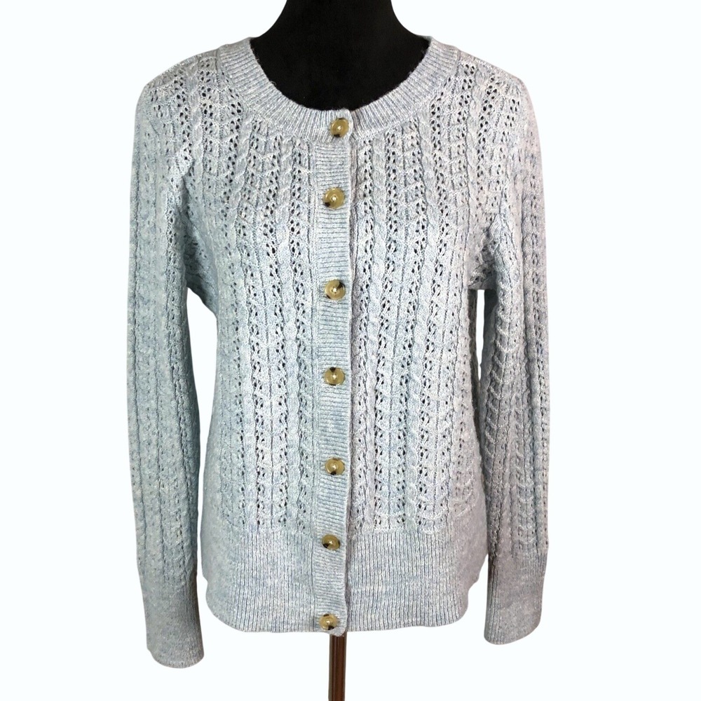 CROFT & BARROW Size Medium Light Blue Wool Blend Cable Knit Sweater Cardigan